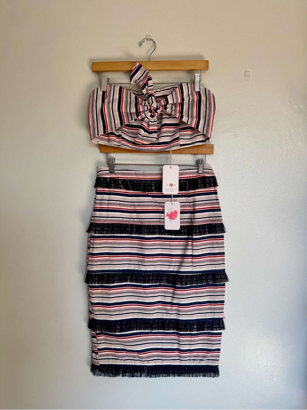 Striped Fringe Pencil Skirt in Navy, White & red. Tube top. Matching set.